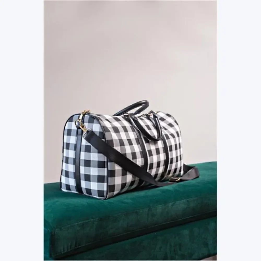  Buffalo Plaid Black White Travel Bag Satchel Purse Shoulder Overnight Tote